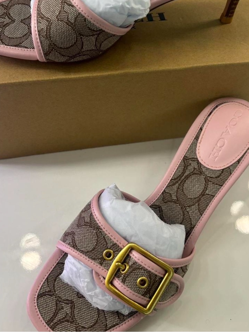Coach Pink Trim Signature Canvas Buckle Mules - Picture 3 of 4